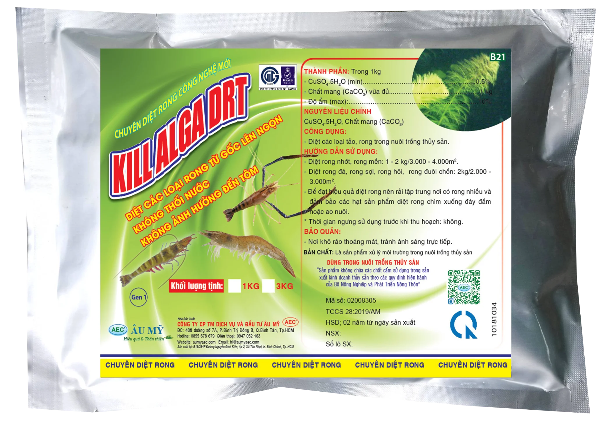 Kill Alga DRT Gói 3kg – Diệt Rong Thân Mềm, Rong Nhớt Cứng Đầu Trong Ao Nuôi